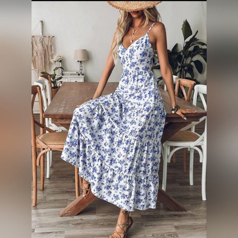 Blue Floral Spaghetti-Strap Maxi Dress, Open Back, Medium Size - Picture 10 of 10